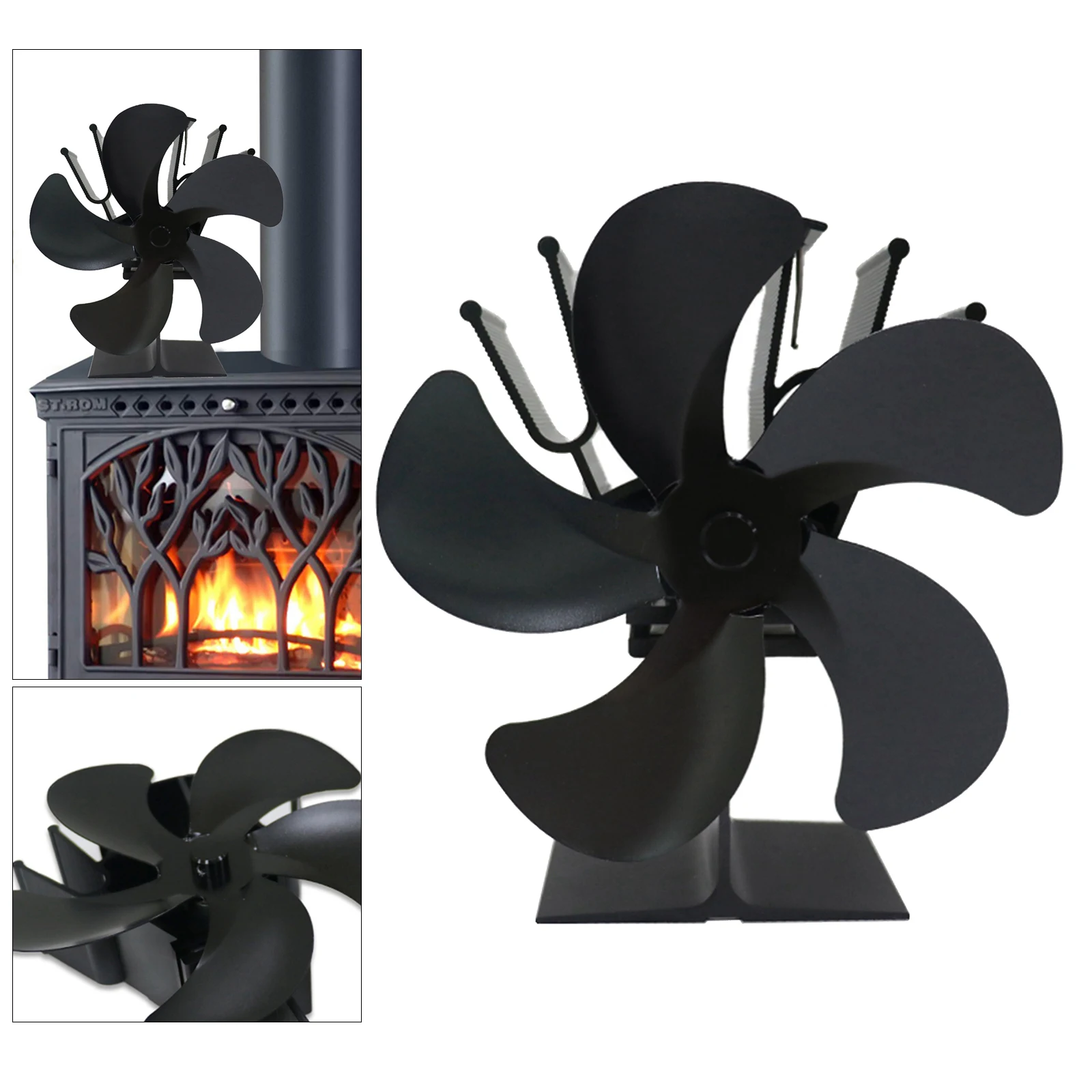 Black Fireplace 5 Blade Heat Powered Stove Fan Log Wood Burner Eco Friendly Quiet Fan Home Efficient Heat Distribution