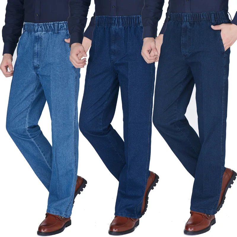 Pantalones vaqueros finos de cintura elástica para hombre, Jeans holgados de cintura alta para primavera y verano