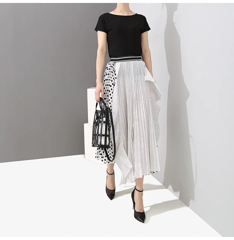 Модная новая весенне-осенняя белая юбка, элегантная повседневная юбка в черный горошек, плиссированные юбки с оборками