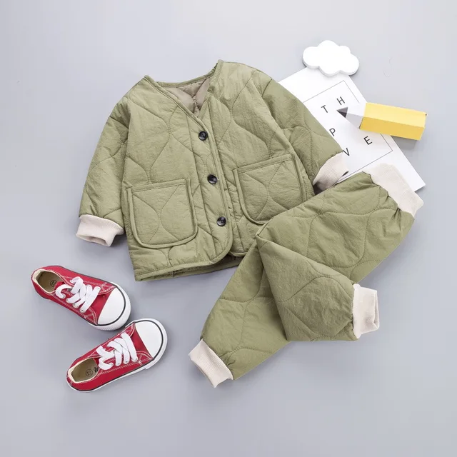 New Winter Children Keep Warm Clothes autumn Kids Boys Girls Thicken Cotton Jacket Pants 2Pcs/sets Baby Infant Casual Tracksuits F195203F Green