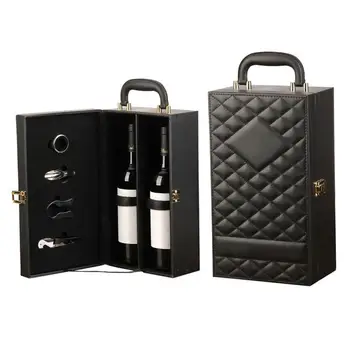 

Portable Wine Carrier Leather Storage Box with Handle 4PCS Wine Accessory Set for Travel Picnics