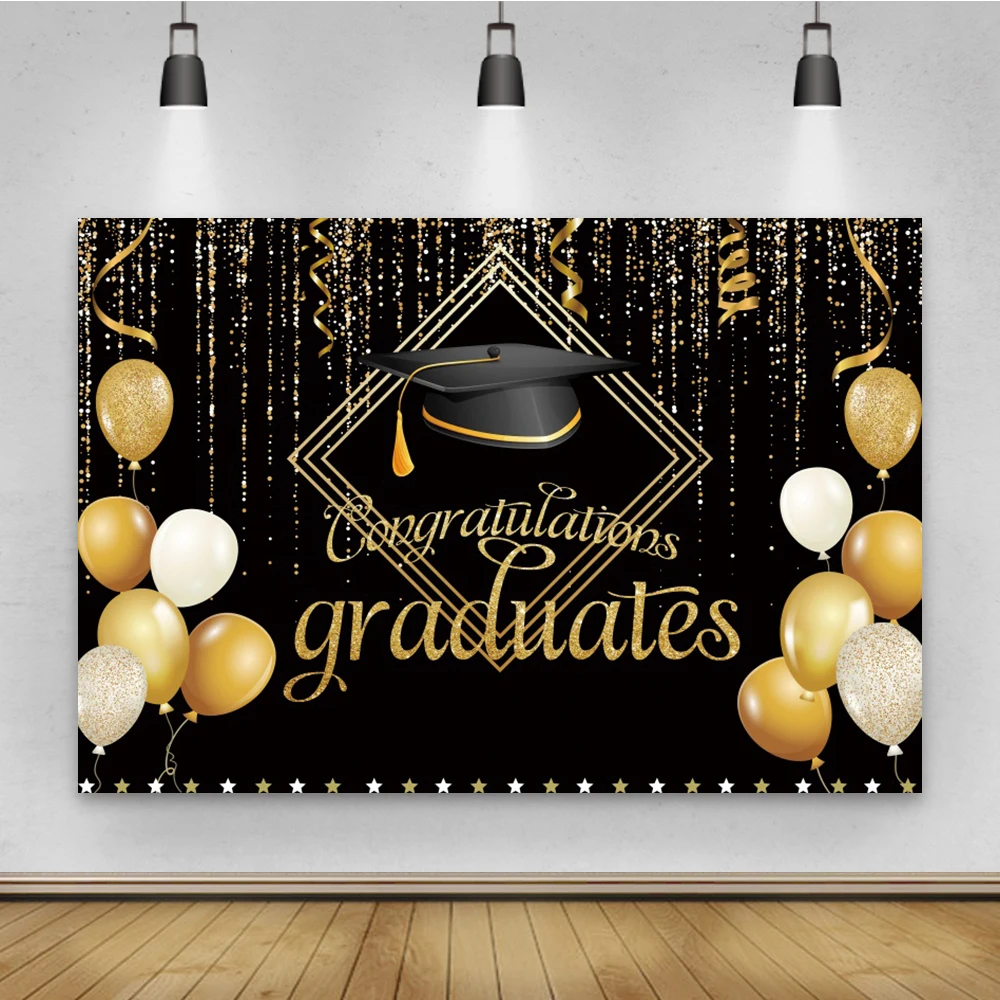 Congratulations Graduation Party Decor Poster Gold Balloon Ribbons Black Photography Backdrop Vinyl Background