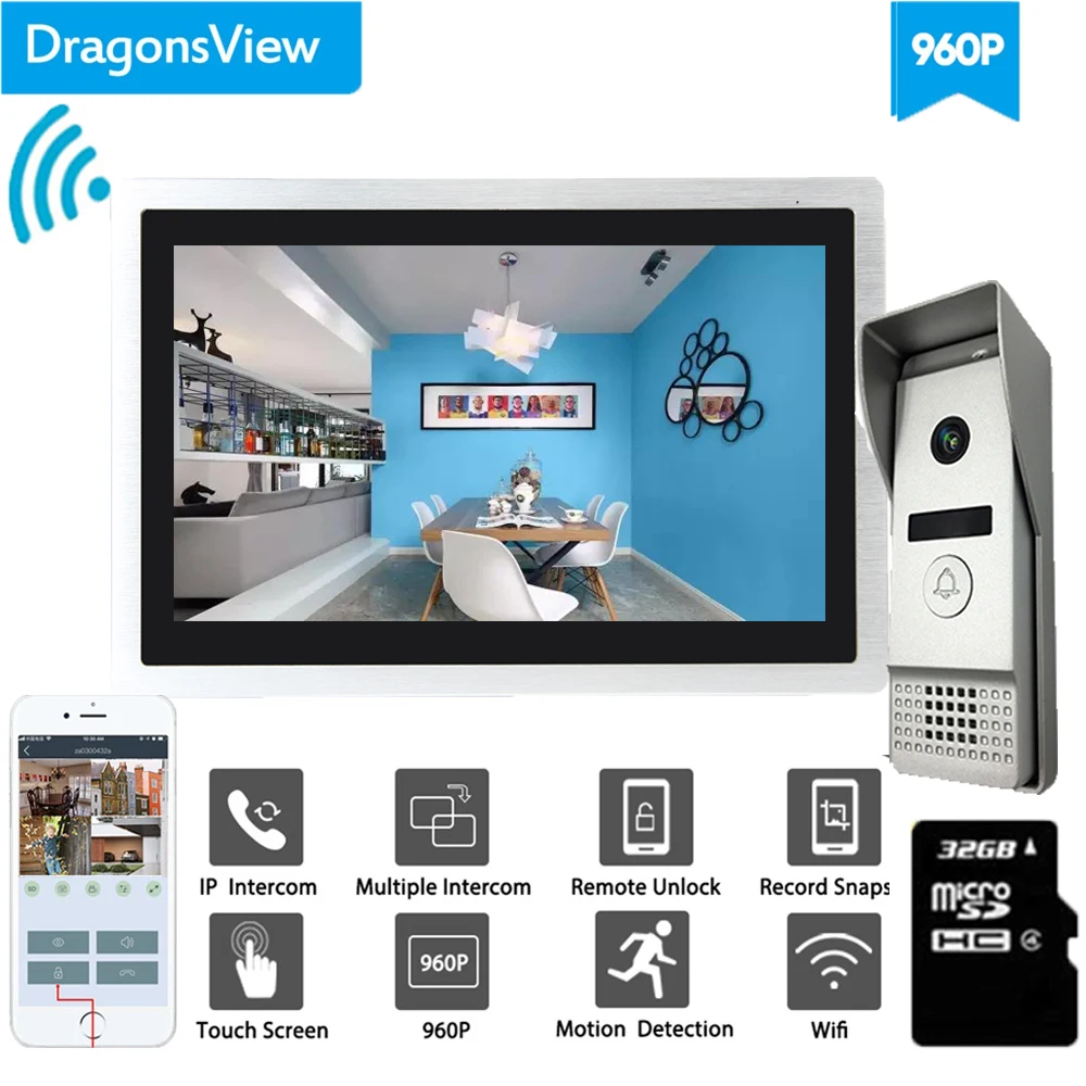 Dragonsview Wifi видео дверной звонок с монитором IP видео домофон система широкоугольный сенсорный экран запись обнаружения движения - Цвет: Set 2 32GB Card