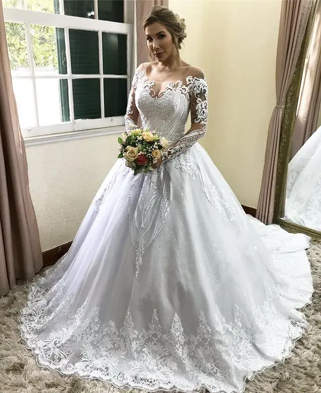 Vestido De Noiva винтажная Кружевная аппликация свадебное платье корт поезд с длинным рукавом совок шеи платье невесты Vestidos Novia