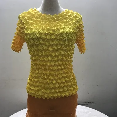 Цвет: желтый Горячая Miyake Мода Складные короткий рукав сексуальный о-вырез тонкий трехмерная футболка с ананасом - Цвет: Цвет: желтый