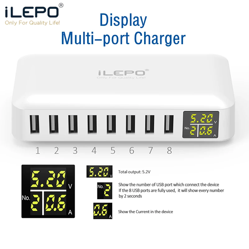 ILEPO LED Дисплей 8 Порты и разъёмы USB зарядное устройство концентратор умная