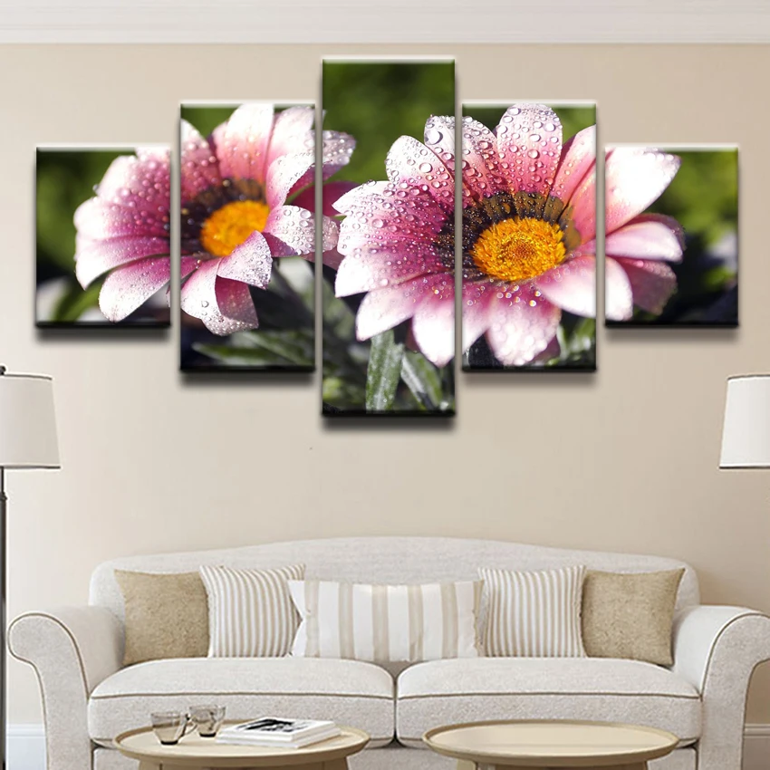 Canvas Wall Art Pictures Living Room Home Decorative 5 Pieces Dew Pink Flower Painting HD Printed Poster Modular Framework | Дом и сад