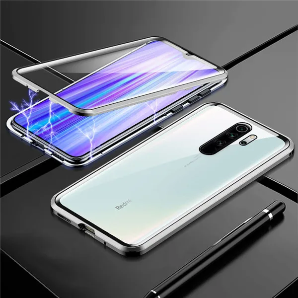360 металлический магнитный адсорбционный чехлы чехол на для Xiaomi Redmi Note 8 Pro Redmi Note 7 Pro двойное закаленное стекло чехлы чехол на Сяоми ксиоми Редми Ноут 8 7 про - Цвет: silver