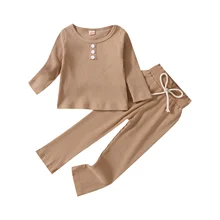 T shirt et pantalon côtelés pour nouveau né, vêtements pour enfants, pour bébés filles et garçons, à la mode, couleur unie, hauts à manches longues et pantalons longs