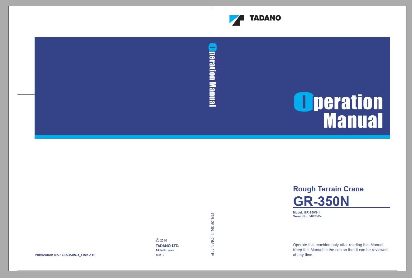 

Tadano Mobile Crane 2021 DVD GR,GT,TC,TL,TT,TR Series All Model Operator & Maintenance Manual