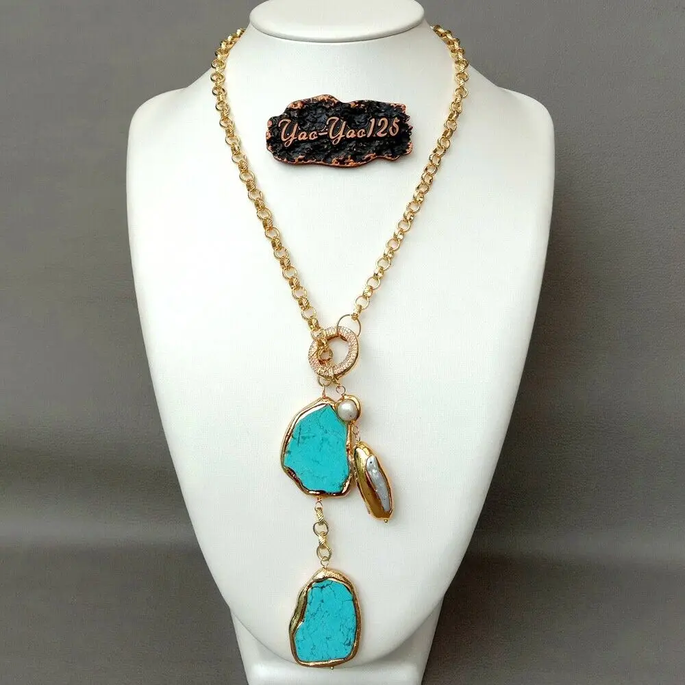 

27" White Biwa Pearl T1urquoise Lariat Chain Necklace