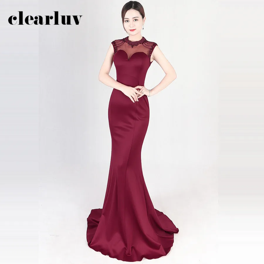 

See-Through Mermaid Evening Gown Sexy Sleeveless O-Neck Robe De Soiree DX390-1 2020 Plus Size Beading Crystal Long Evening Dress