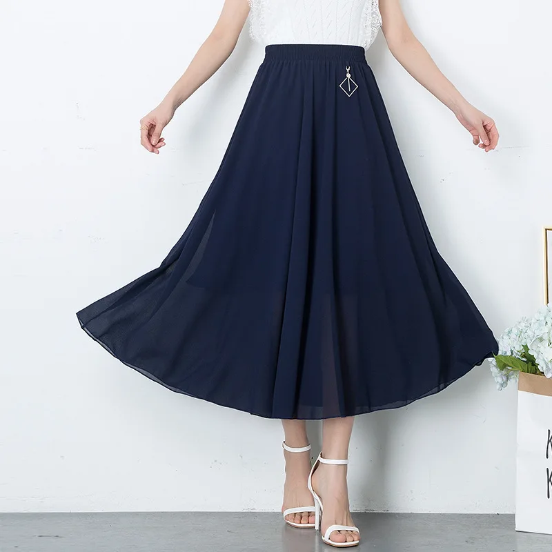 Korean Spring and summer women high waist pleated skirt womens large swing elastic waist thin beach skirts