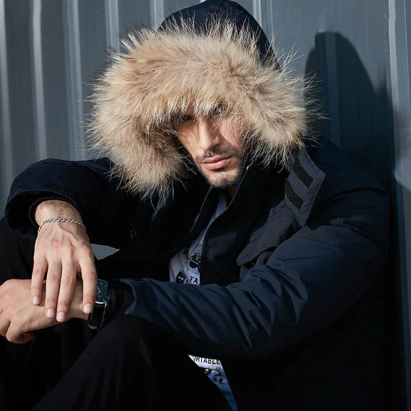 2021 Winter Men's Fashion Casual Down Jacket Mid-length Thick White Duck Down Warm Hooded Large Fur Collar Jacket