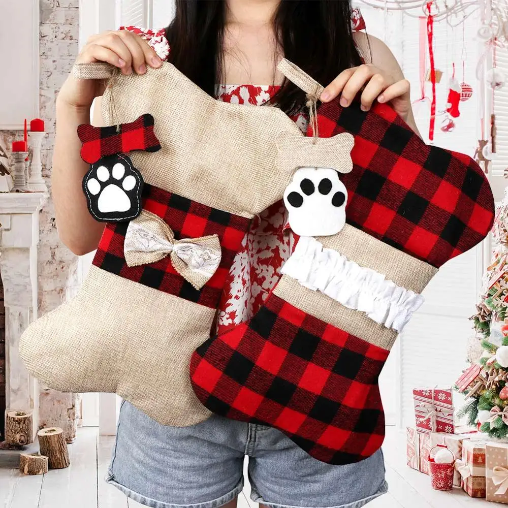 Теплый Красный Клетчатый Рождественский чулок для питомцев, рождественские подарочные сумки для собак, кошек, украшения для новогодней елки, Новогоднее украшение