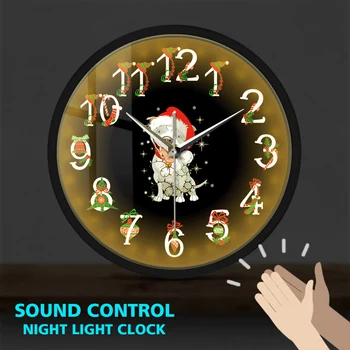 

Happy Christmas Pitbull Dog Metal Frame LED Wall Clock Sound Control Puppy Pitmas Modern Design Watch Clocks Home Decoration