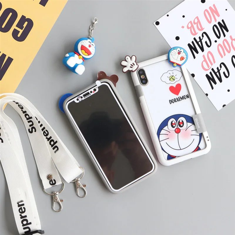 Для iPhone XS max XR X мультфильм Doraemon Закаленное стекло пленка+ бампер для iPhone 8 8plus 6 6SP 7 7P Fudas+ ремешок+ игрушка - Цвет: Арбузно-красный