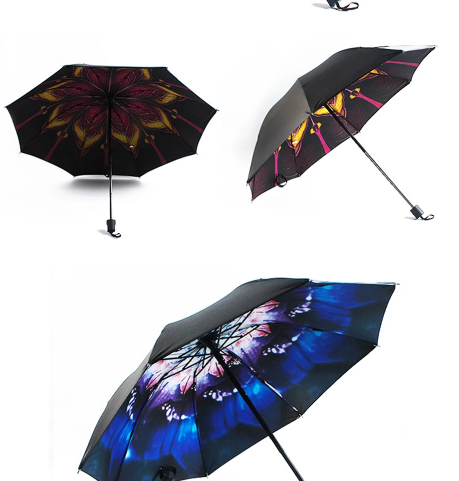 Creative Personality Pattern Umbrella Ladies Folding Umbrella Three Fold Black Plastic anti-UV Umbrella Portable Travel Umbrell