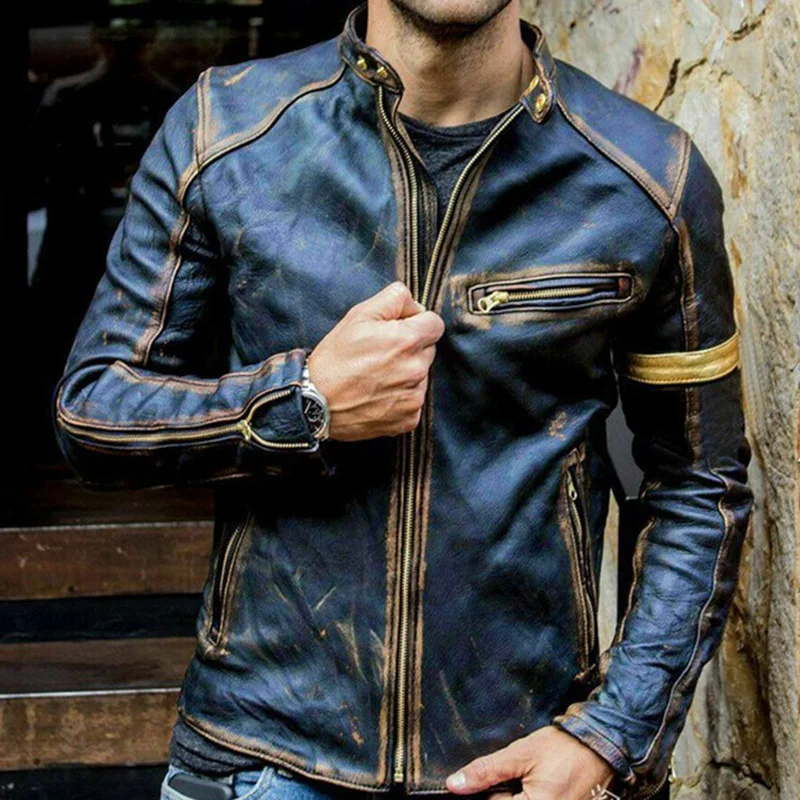 Men Motorcycle Jacket Leather Jacket Retro Casual Youth Stand-up Collar Punk Male Motorcycle Leather Jacket Artificial Leather leather field jacket