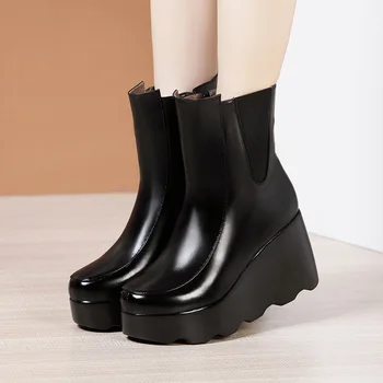 

New 2020 Fall Winter Platform Boots Women Shoes Plus Size 32-43 High Heels Wedges Ankle Boots Ladies Motorcycle Boots Leather