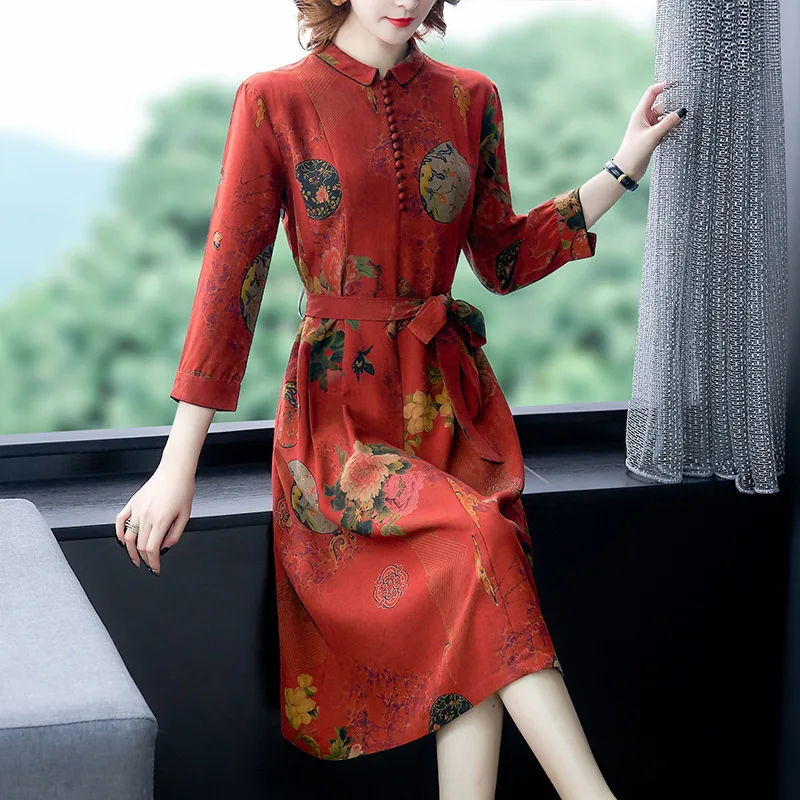

Middle-aged Large Size Middle-aged Women Dress 2020 Early Spring New Style Lace-up Waist Hugging Chinese-style Retro Floral Prin