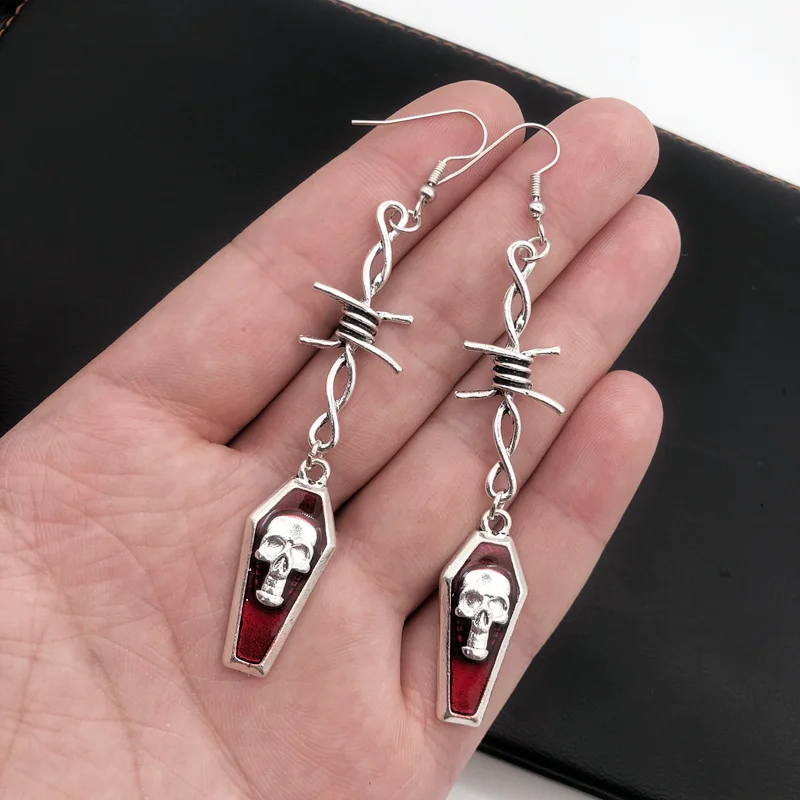 Origional Jewelry Gothic Dark Barbed Wire Mix and Match Coffin Skull Skeleton Bloody Red Drop Oil Ear Pendant Earrings | Украшения и