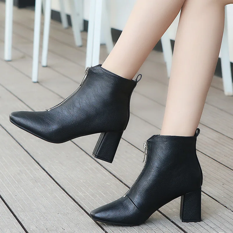 

2018 Autumn And Winter Europe And America New Style Square Head Chunky-Heel Martin Boots Front Zipper High-Heel Casual Versatile