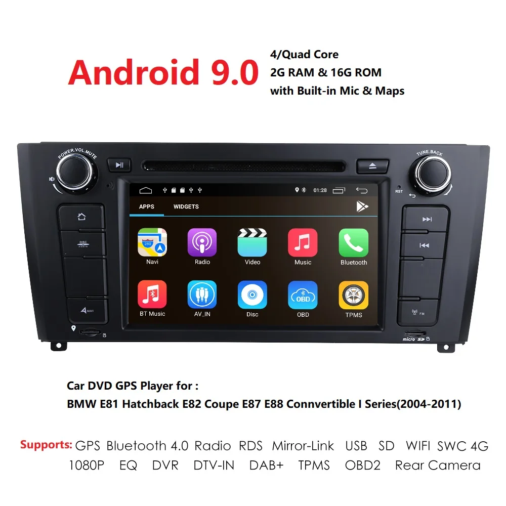 Top Quad Core Android 9.0 Car DVD Player For BMW 1 Series E81 E82 E88 116i 118i 120i 130i  WIFI 4G RDS GPS DSP USB SWC DAB Bluetooth 2