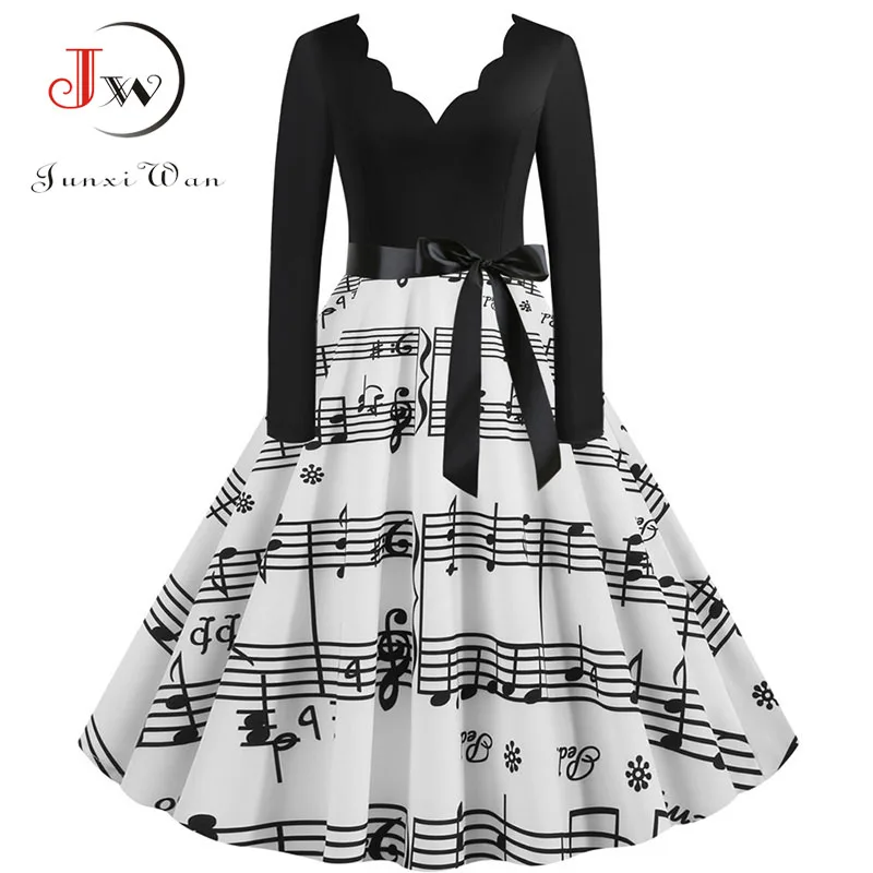 Women Long Sleeve Winter Vintage Dresses Sexy Black Music Note Print V-neck Rockabilly Pin up Party Dress Vestidos Plus size