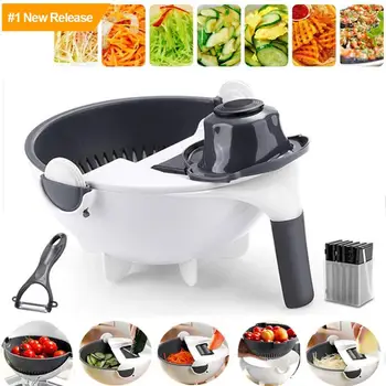 

Rotatable Vegetable Cutter Slicer Potato Carrot Grater Slicer Tool with Stainless Steel Chopper Blades Drain Basket Kitchen Tool