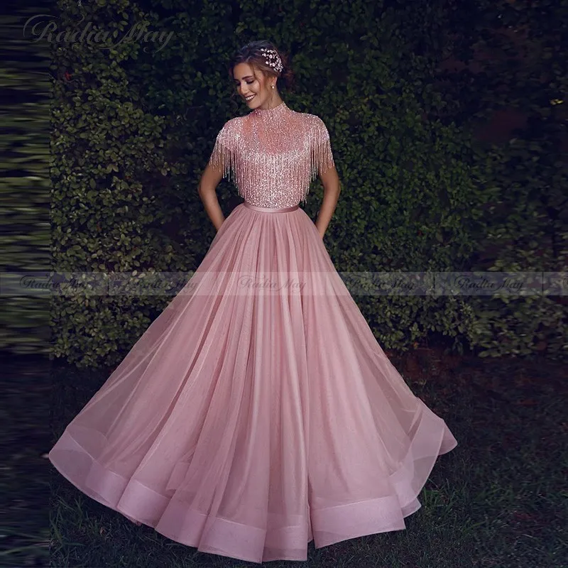 Пыльное розовое Бисероплетение кисточкой длинное арабское вечернее платье с рукавами с высоким воротом Дубай Формальные платья Lebanon обручальные Выпускные платья