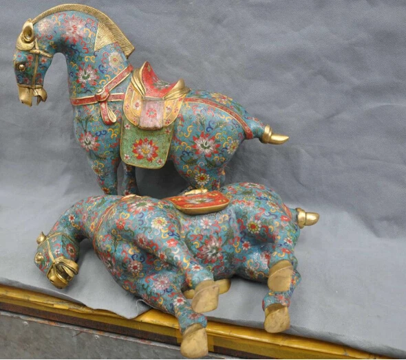 809++ 1" Китай Бронза Медь cloisonne общая война лошадь цветы статуя одна пара