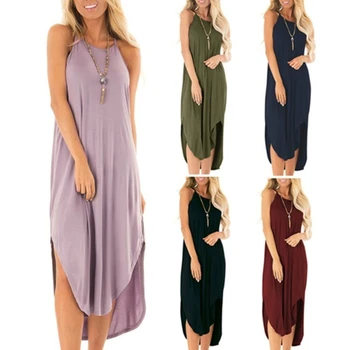 

Plus Size Dress Women Summer Solid Maxi Dresses Sexy Spaghetti Straps Sleeveless Loose Long Dress Casual Vestidos