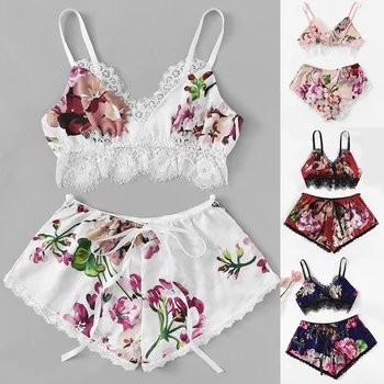 

New Summer Women's Pajama Set Sexy Lace Lingerie Set Sleepwear Cami Top and Shorts Pajama Set