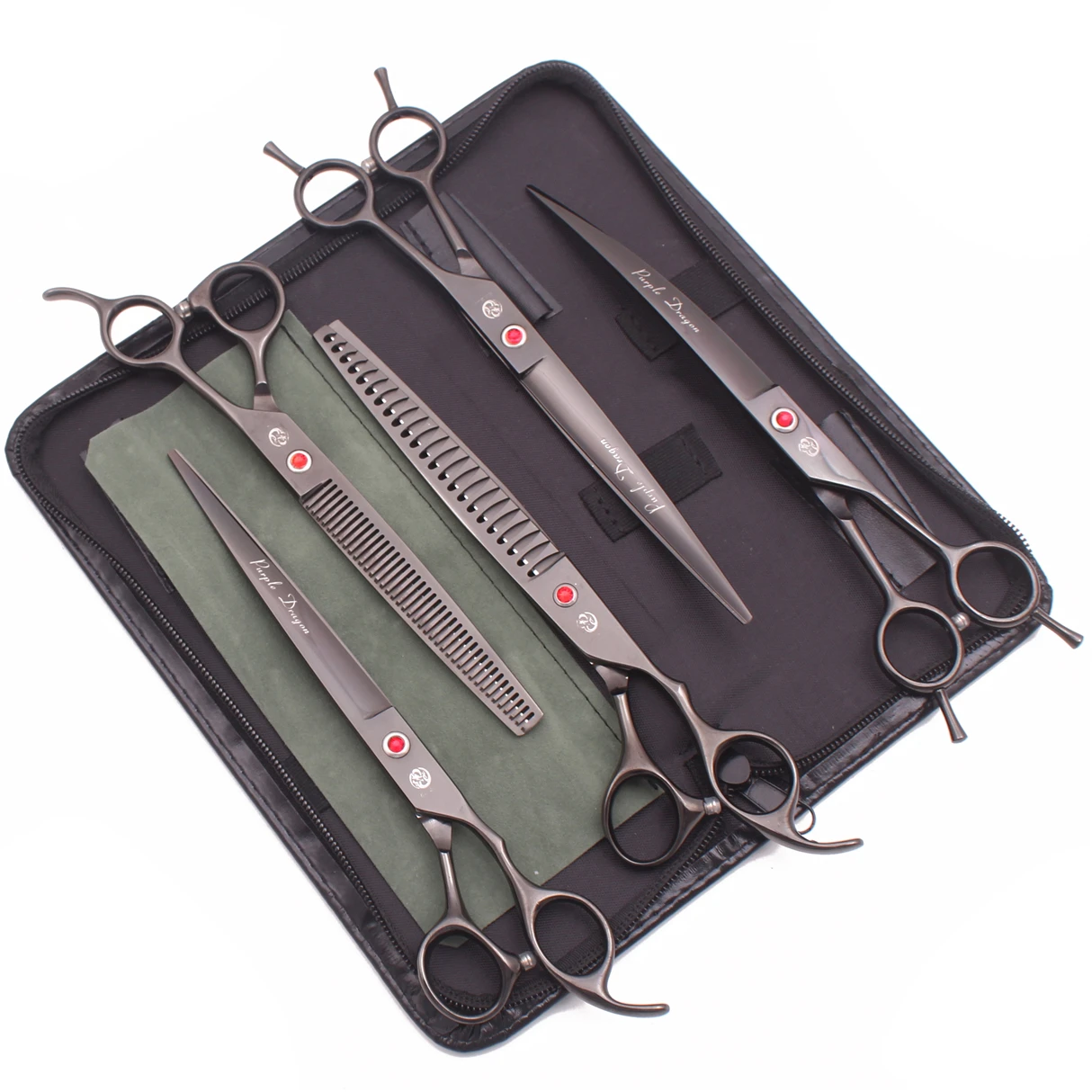 Dog grooming scissors set professional 440C 8" purple dragon straight shears thinning scissors chunker curved shears