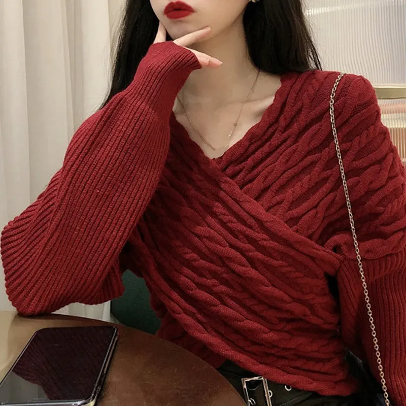 RICININA Cross свитер женский джемпер длинный рукав v-образный вырез сплошной сексуальный элегантный вязанные свитера для женщин пуловер для женщин Весна