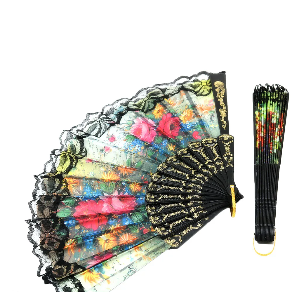 Oriental Dance Party Wedding Silk Folding Hand Fan Lace Spanish Style Flora 