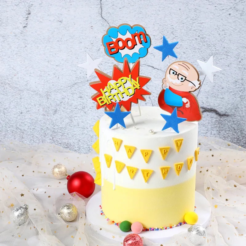 Мультяшный двухслойный Старый Дедушка бабушка супергерой тема Топпер для торта «С Днем Рождения» декоративные аксессуары для вечеринок