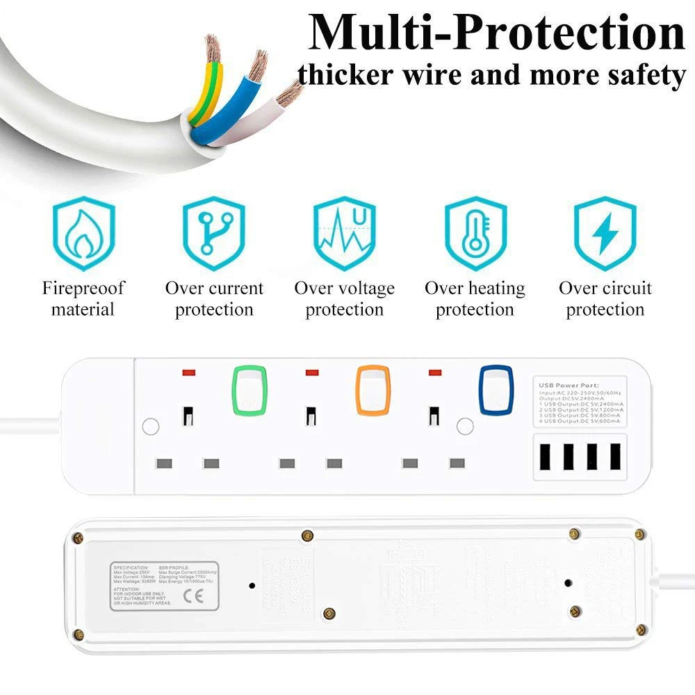 Мощность полосы 3/4/5/6 AC электрические розетки штепсельная розетка стандарта Великобритании с USB индивидуальный переключатель защита от перегрузки 3 м/9.8ft удлинитель