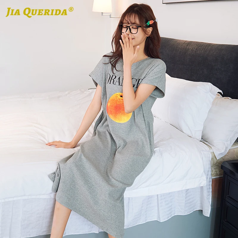 

Sleep Dress Loose Size Korean Style Casual Home Nightwear Short Sleeved Modal Lingerie Dressing Gown Cute Orange Printing Shirts