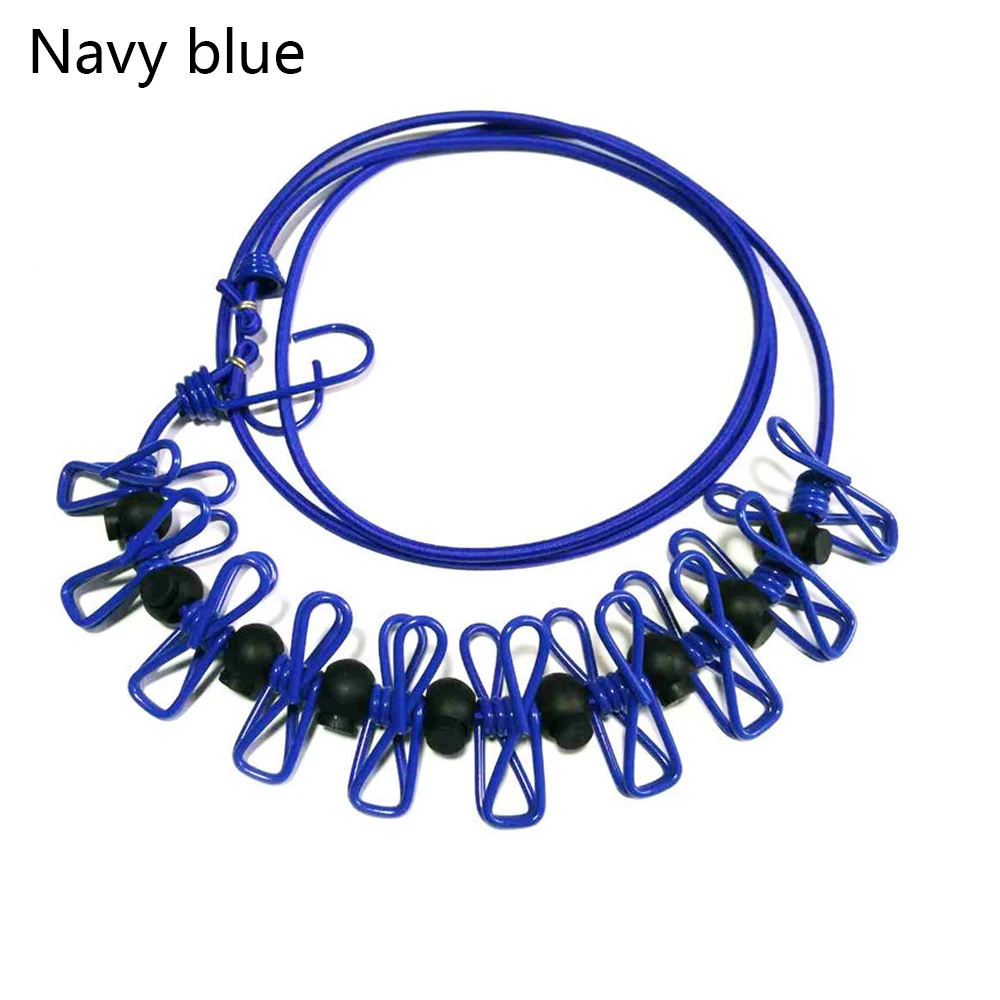 Портативная эластичная бельевая верёвка для путешествий, регулируемая линия одежды с 12 прищепками для сушки одежды на улице и в помещении - Цвет: Navy blue