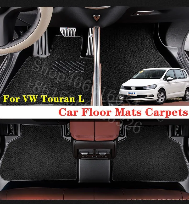 Puou для VW Touran L Автомобильные коврики, ковры, передний и задний полный набор, Заказные автомобильные накладки для ног, автомобильные водонепроницаемые ковровые покрытия