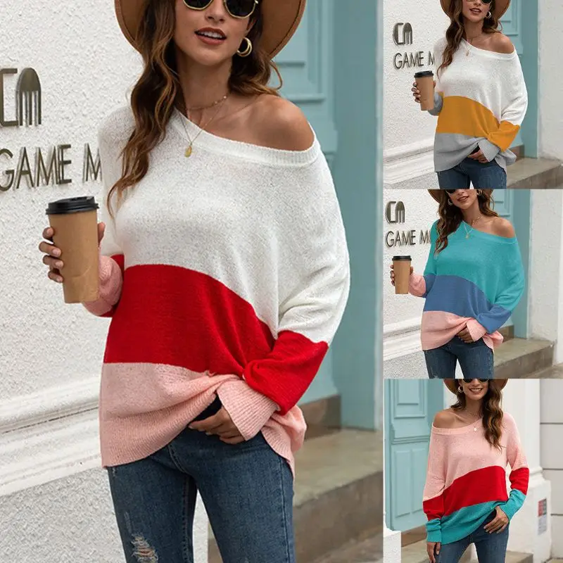 

Womens Autumn Knit Sweater Long Sleeves Drop Shoulder Loose Pullover Tunic Tops Color Block Wide Stripes O-Neck Slounchy Jumper