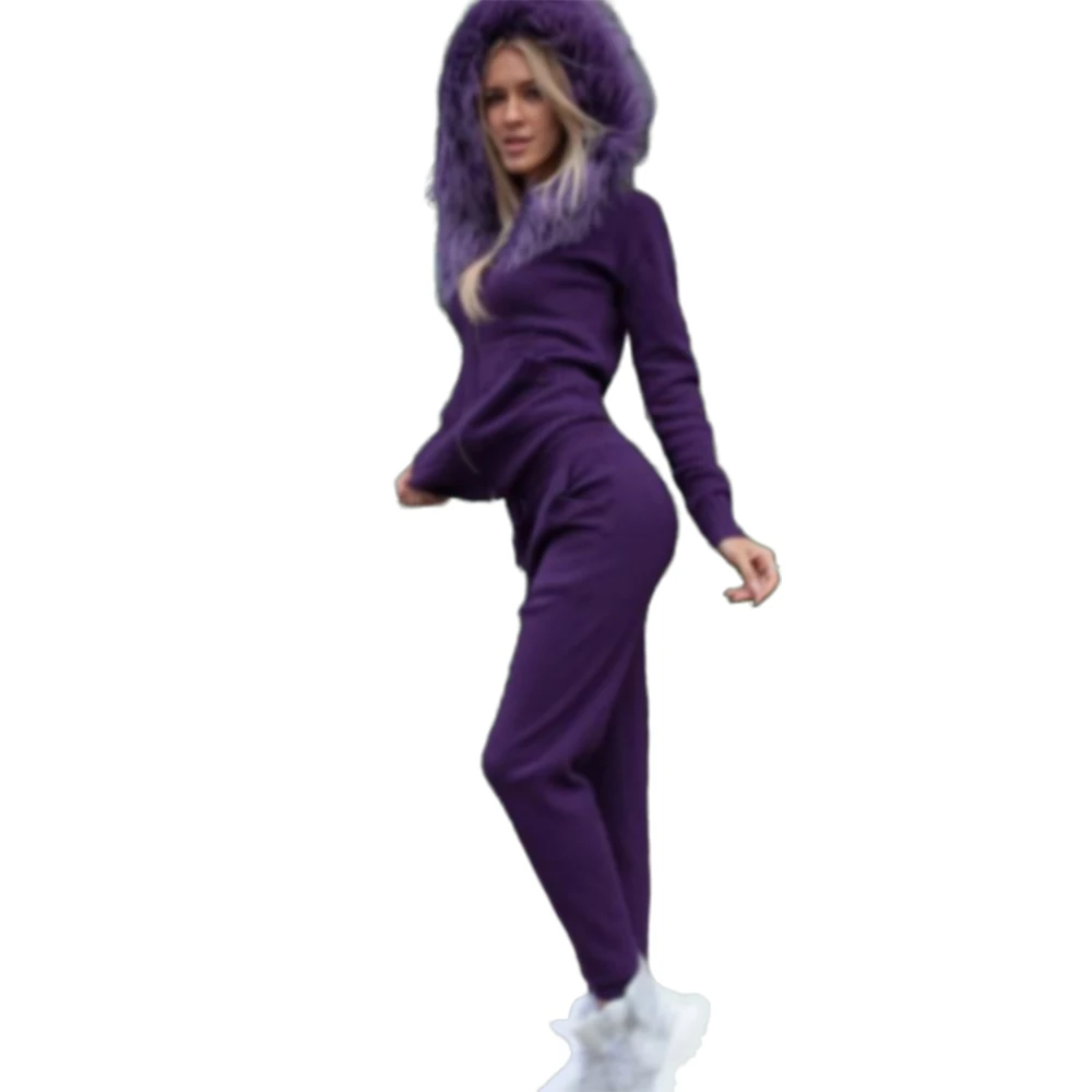 Женский трикотажный комплект с карманами на молнии и капюшоном, спортивный костюм со свитером, женский зимний теплый трикотажные изделия из двух предметов, костюм с меховыми толстовками - Цвет: Фиолетовый