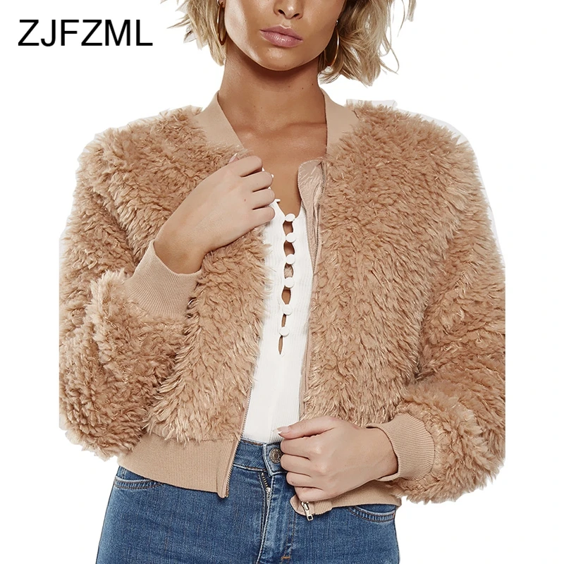 

Autumn Winter Plush Long Sleeve Jacket Ladies Warm V-Neck Zipper Outerwear Cardigan Coat Causal Short Women Coats and Jackets