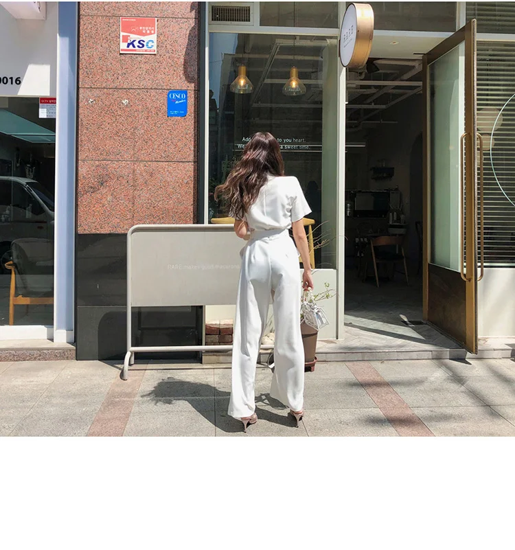 Office Ladies Notched Collar Short Sleeve Sashes Women Jumpsuit Work Business Wide Leg Pant White Jumpsuits Female AQ186
