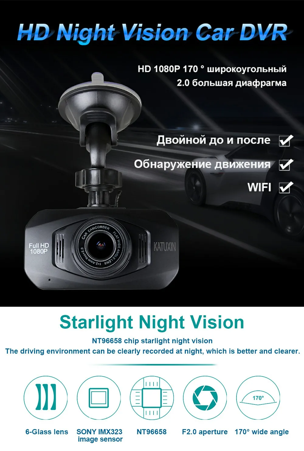 Wi-Fi видеорегистратор ночного видения, автомобильная dvr камера, 170 градусов, автомобильная камера, рекордер, 1080P WDR, g-сенсор, катуксин R800