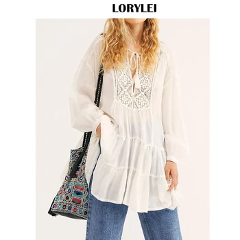 

2020 Casual Lace Up Hollow Out Tassel Loose Summer Beach Dress White Cotton Tunic Women Beachwear Long Sleeve Mini Dress Q920