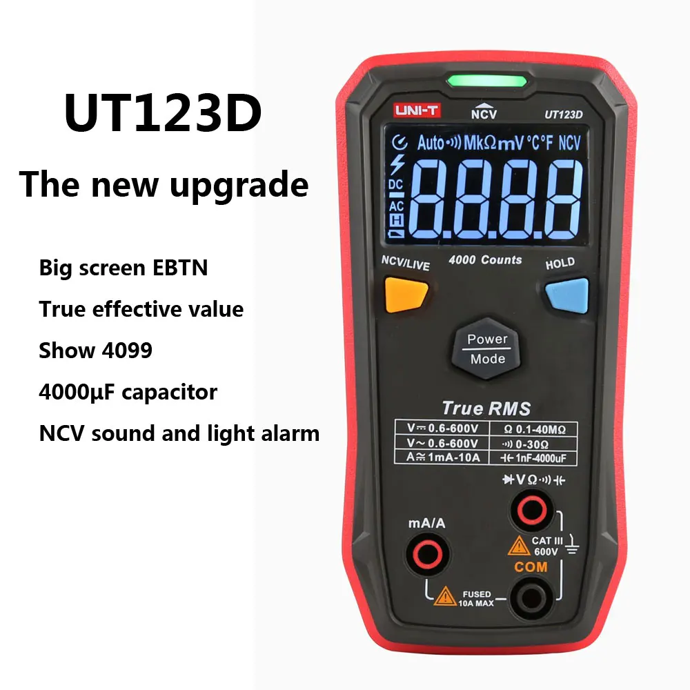Multímetro Digital inteligente UT123D, medidor de corriente, voltaje, resistencia y capacitancia, RMS AC/DC, versión actualizada de UNI-T