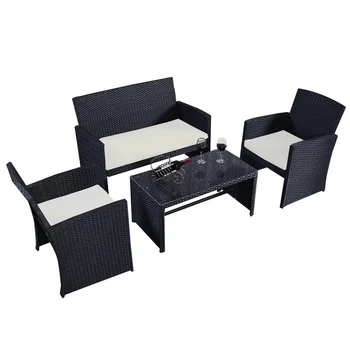 

Outdoor 4pcs/set Patio Garden Chairs Table Wicker Rattan Cushioned Sofa Furniture Set HW49859